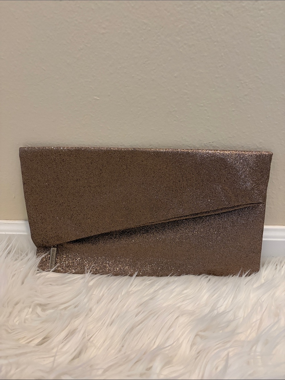 Nordstrom Y2K Brown Gold Glitter Asymmetrical Fold-Over Zip Clutch Handbag